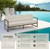 A modern outdoor sofa is placed on a patio next to a swimming pool with a scenic view of a lake and mountains in the background. Náhled obrázku produktu