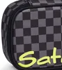 A close-up view of a pencil case with a checkered pattern and the brand name 'satch' in yellow lettering. Produktbild-Vorschau