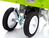 Close-up view of the wheels and part of the frame of a green tiller. Voir les images du produit