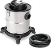 A stainless steel ash vacuum cleaner with a black base and lid, shown with a coiled black hose next to it, on a white background. Produktbild-Vorschau