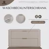 A marketing image for a washbasin cabinet, showing close-ups of its features and the full product. Produktbild-Vorschau