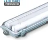 A close-up, angled view of a waterproof LED light fixture with two LED tubes inside. Produktbild-Vorschau