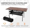 A camping table and its carrying bag are shown, with feature icons and text below. Podgląd zdjęcia produktu