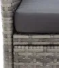 A close-up view of the side of a gray rattan garden bench with a dark gray cushion. Produktbild-Vorschau