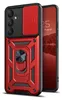 A red and black phone case with a ring holder is shown diagonally against a white background. A portion of a smartphone screen is visible on the right side of the image. Produktbild-Vorschau