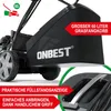 Close-up of a lawnmower's grass catcher with marketing text overlays. Produktbild-Vorschau
