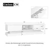 A diagram showing the dimensions of a white TV stand with LED lighting. Produktbild-Vorschau
