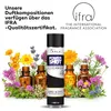 A spray can of air freshener is shown in the center, surrounded by amber glass bottles and various flowers and herbs. Produktbild-Vorschau