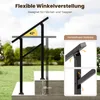 A black metal handrail installed on outdoor stairs, with diagrams illustrating its flexible angle adjustment. Podgląd zdjęcia produktu