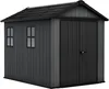 A dark gray plastic garden shed with a dark gray roof and black double doors. It has two small windows on the side. Produktbild-Vorschau