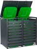 A dark grey bin enclosure with two green bins inside, shown with the lids open. Produktbild-Vorschau