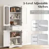 A white cabinet with glass doors and adjustable shelves, with diagrams showing shelf height adjustments. Podgląd zdjęcia produktu
