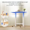 A standing desk in a room with sheer curtains, showing how it is adjusted. Voir les images du produit
