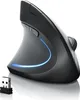 A black ergonomic vertical mouse with blue LED accents and a USB dongle is displayed on a reflective white surface. Produktbild-Vorschau
