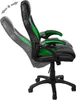 A black and green gaming chair shown from the side, with an arrow indicating the recline function. Produktbild-Vorschau
