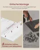 A split image showing two different aspects of product assembly. The left side shows a white surface with a white rail being attached with red arrows indicating tool-less assembly. The right side shows hands using a drill to assemble dark gray panels, with Produktbild-Vorschau