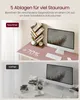 A split image showing a desk before and after using a bookshelf. The top image shows a tidy desk with a bookshelf, computer, and keyboard. The bottom image shows a cluttered desk with books and office supplies. Produktbild-Vorschau