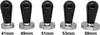 Five coffee tampers of different sizes arranged side-by-side with their sizes labeled below. Produktbild-Vorschau