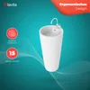 A white pedestal sink with a faucet is shown against a teal background with abstract wavy lines. Text overlays highlight features and branding. Produktbild-Vorschau