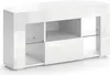 A white, high-gloss TV stand with open shelves and a drawer. Náhled obrázku produktu