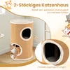 A two-story cat house with two openings, featuring a cat peeking out of one opening. The image includes text and illustrations of cats. Produktbild-Vorschau