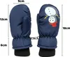 A pair of children's mittens with a snowman design, shown with dimensions. Náhled obrázku produktu