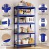 A blue metal shelving unit with various kitchen items and food products displayed on its shelves. Several close-up insets highlight product features. Produktbild-Vorschau