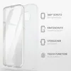 A clear phone case is shown next to marketing icons and text describing its features. Produktbild-Vorschau