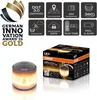 A product shot of an Osram LEDguardian Road Flare Signal V16 IoT device and its packaging, surrounded by marketing icons and awards. Produktbild-Vorschau