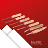 A set of seven wood carving tools arranged diagonally on a red and white background. Produktbild-Vorschau