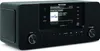 A black TechniSat DigitRadio 574 IR internet radio is shown from a front-left angle against a white background. The radio has a screen displaying information about internet radio and a song title, along with several buttons and two rotary knobs. Produktbild-Vorschau