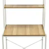 A close-up view of a white and wood-colored shelving unit, likely a bathroom or laundry room organizer. Podgląd zdjęcia produktu