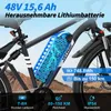 A close-up view of an electric bicycle's battery pack and frame, with promotional text and graphics overlaid. Produktbild-Vorschau