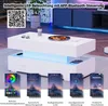 A white coffee table with LED lighting and drawers, shown in a living room setting with app interfaces displayed below. Náhľad obrázku produktu