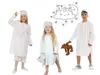 Three children wearing white nightgowns and caps, two holding stuffed animals, with a drawing of a moon and stars in the background. Produktbild-Vorschau