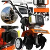 A collage of images showing a rototiller and its accessories, with one image showing a person using it in a garden. Produktbild-Vorschau