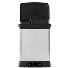 A stainless steel trash can with a black lid and pedal, shown from the front with the lid open. Produktbild-Vorschau