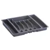 A gray plastic cutlery organizer is shown against a white background. Produktbild-Vorschau
