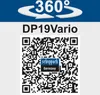 A marketing image for a Scheppach DP19Vario drill press, featuring a 360-degree graphic, product name, and a QR code. Produktbild-Vorschau