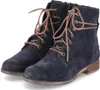 A pair of navy blue suede lace-up boots with brown laces, shown from a slightly elevated front-side angle against a white background. Podgląd zdjęcia produktu