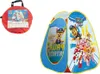 A red carrying bag for a Paw Patrol pop-up tent is shown on the left, and the pop-up tent itself is shown on the right. Produktbild-Vorschau