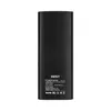 The back of a black power bank with product information printed on it. Produktbild-Vorschau