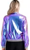 A woman is shown from the back wearing a holographic bomber jacket. Produktbild-Vorschau