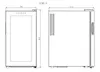 Technical drawings of a wine cooler showing front and side views with dimensions. Produktbild-Vorschau