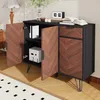 A modern sideboard with open doors and a drawer, displaying items on top and inside, set in a room with a lamp and rug. Náhled obrázku produktu