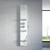 A white shower panel with multiple knobs and a handheld showerhead is mounted on a light gray tiled wall. Podgląd zdjęcia produktu