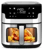 A silver and black air fryer with a window showing a roasted chicken inside. Podgląd zdjęcia produktu