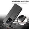 A black phone case is shown in an angled view, with a cracked ground effect and scattered debris around it. A circular inset shows a close-up of the phone's camera module within the case, with arrows indicating shock absorption. Produktbild-Vorschau