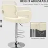 A cream-colored bar stool with a chrome base and adjustable height mechanism is shown. The image highlights the height adjustability feature with text and arrows, and a close-up inset shows the convenient handle. Produktbild-Vorschau