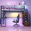 A loft bed with a desk and shelving unit in a room with purple and yellow lighting. Náhled obrázku produktu